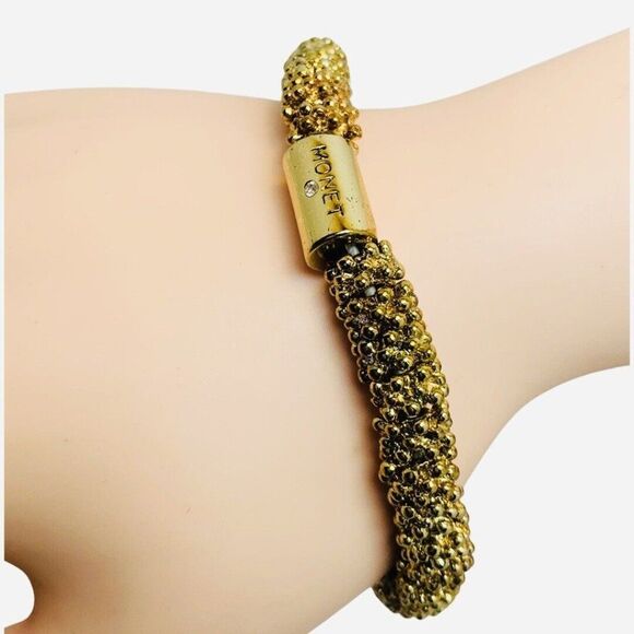 Vintage Monet Gold Tone Tube Beaded Roll On Stretch Bracelet Size 7" - Picture 5 of 6